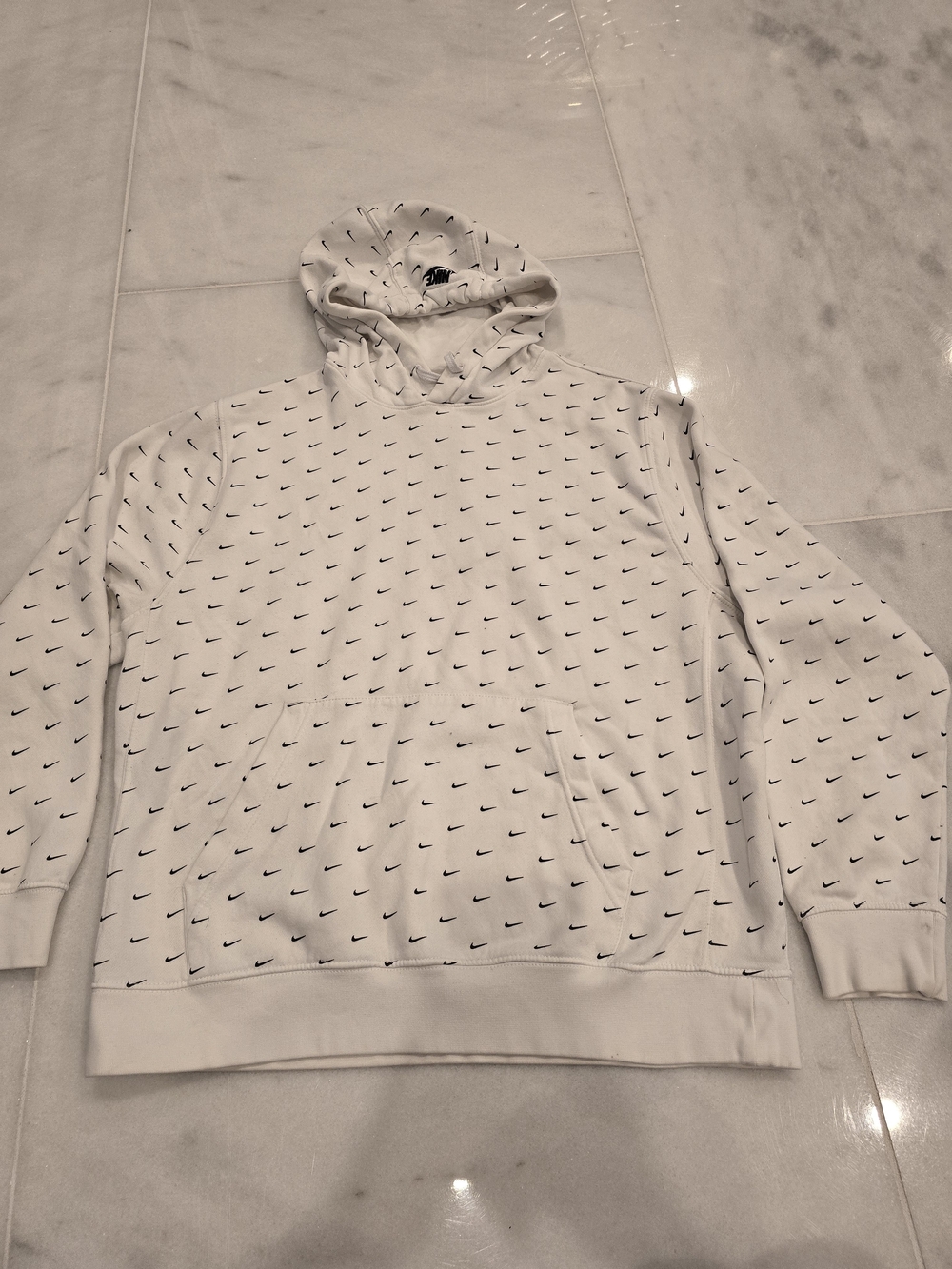 Nike White Crewneck Hoodie with All-Over Black Swoosh Print - Men